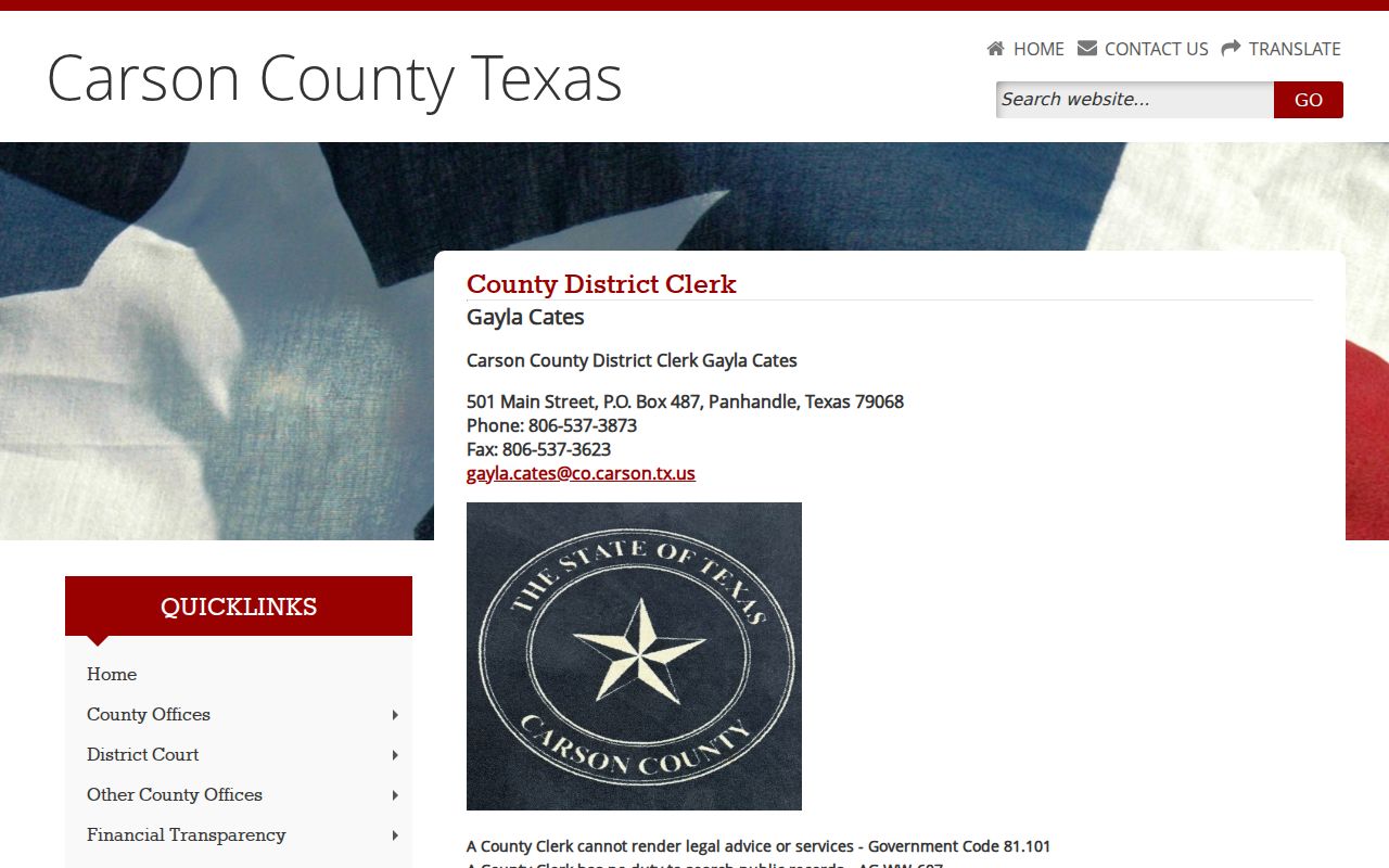 Carson County criminal court case clerk page and official records notice