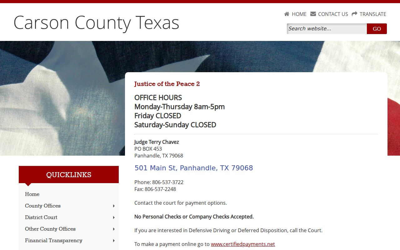Carson County criminal court case JP2 hours and citation resolution page