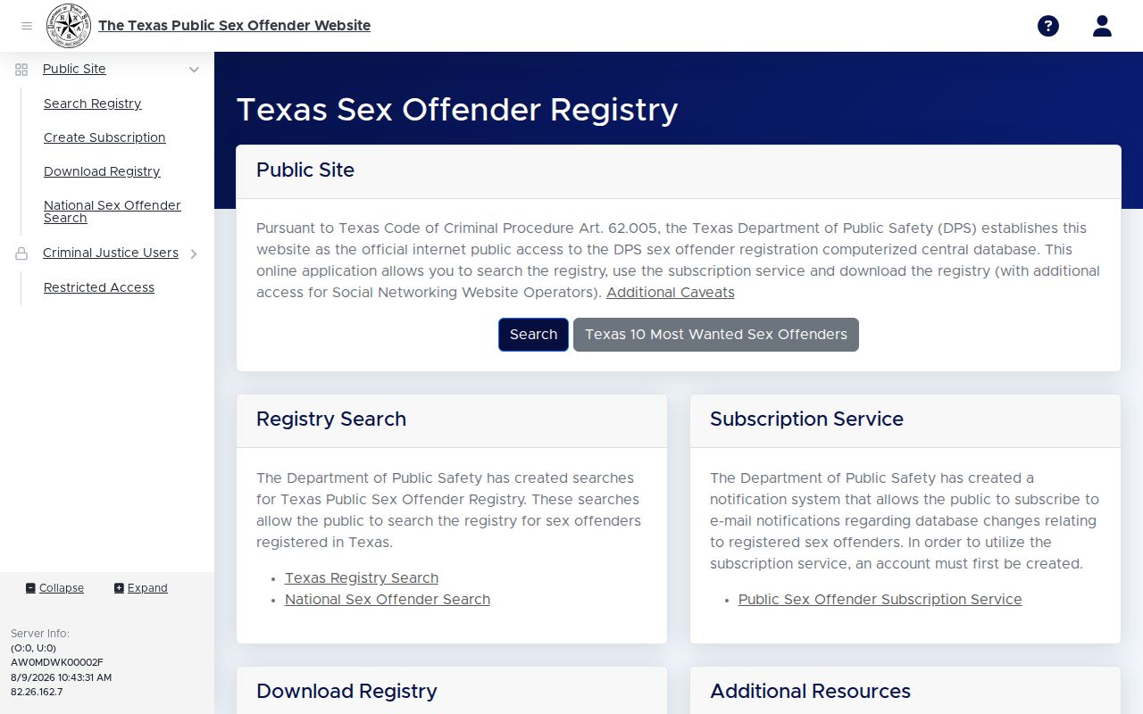Carson County sex offender registry information and terms screen
