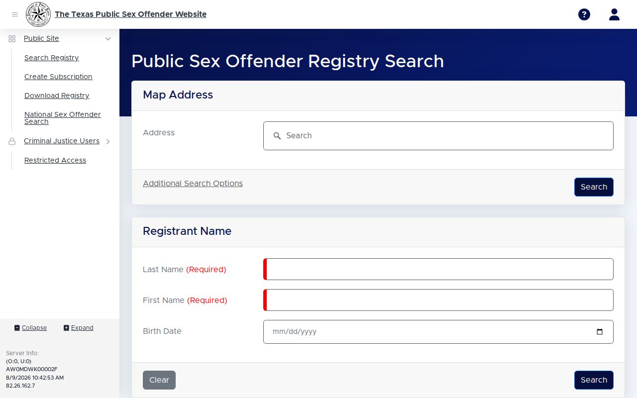 Carson County sex offender criminal record search interface from Texas DPS