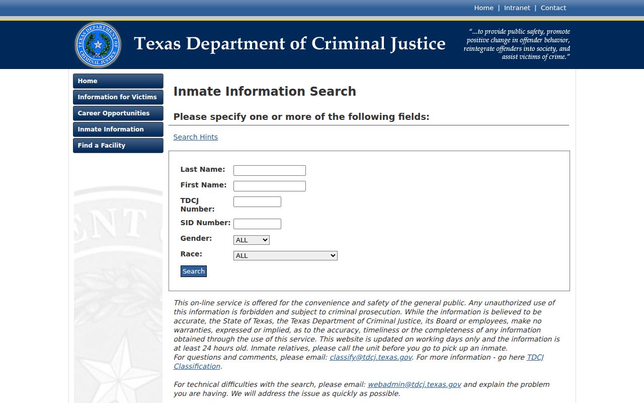 Carson County criminal custody search using the TDCJ inmate form