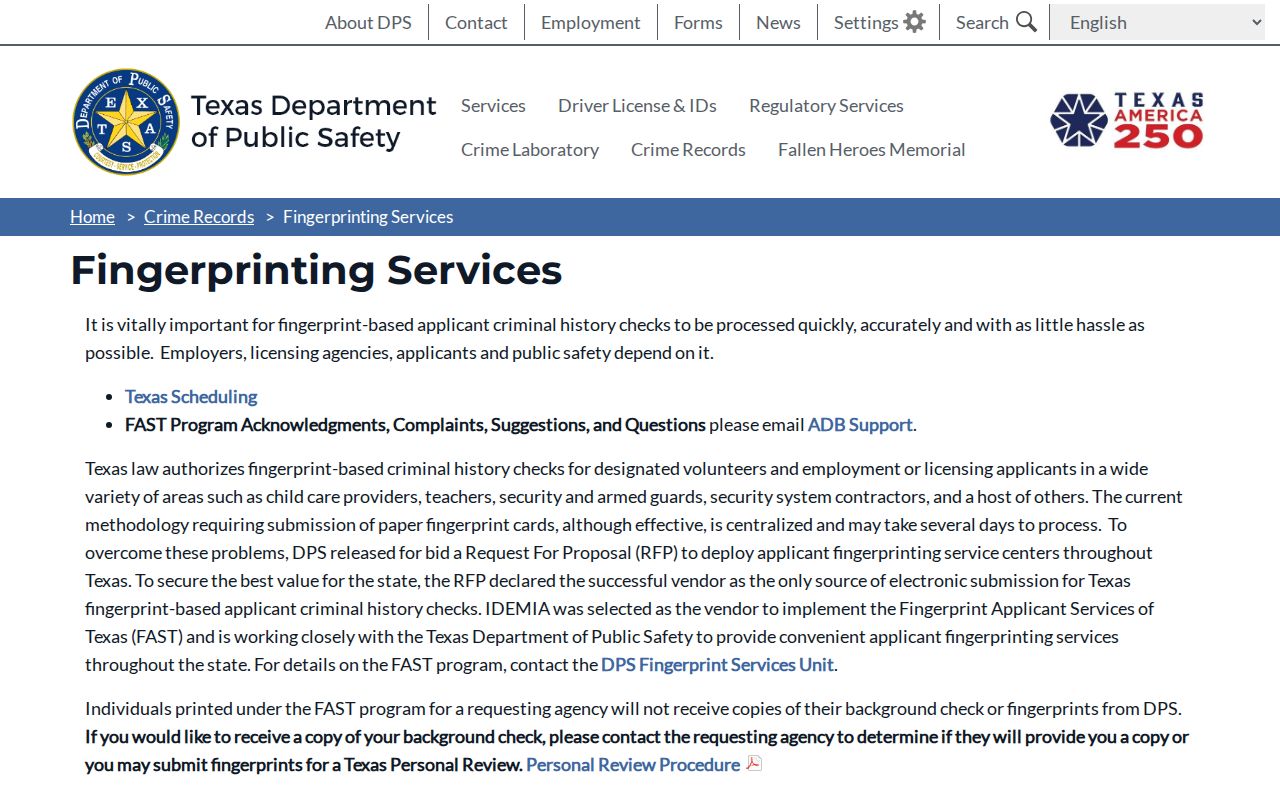 Carson County criminal history fingerprint service guidance from Texas DPS